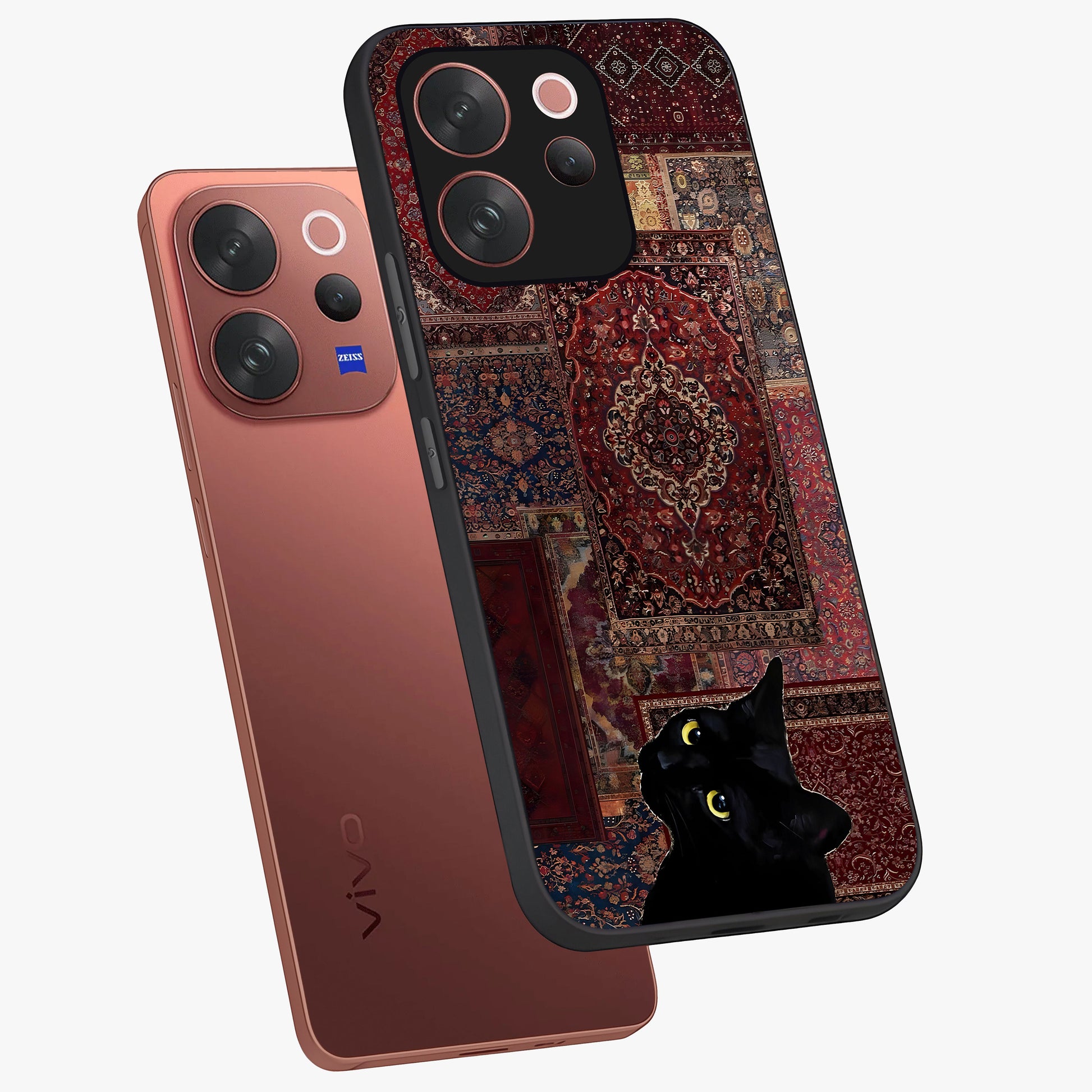Regal Magic Cat Apple Glass Case displayed in angled mockup highlighting whimsical feline design with fantasy aesthetic.