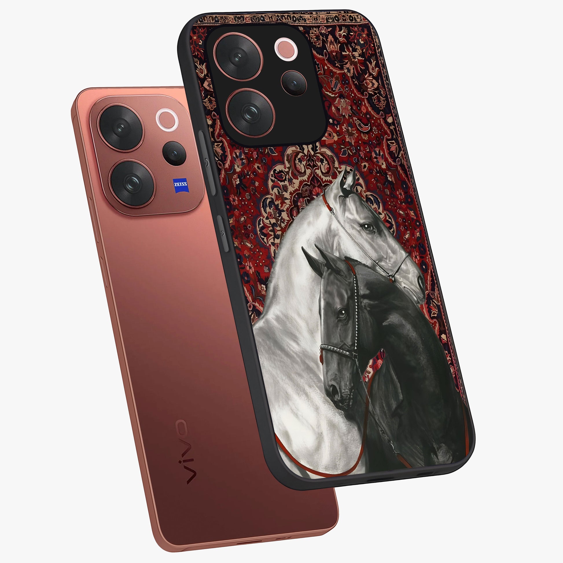 Regal Stallion Tapestry Glass Case displayed in angled mockup highlighting royal stallion design with decorative heritage aesthetic.