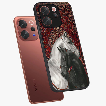 Regal Stallion Tapestry Glass Case displayed in angled mockup highlighting royal stallion design with decorative heritage aesthetic.