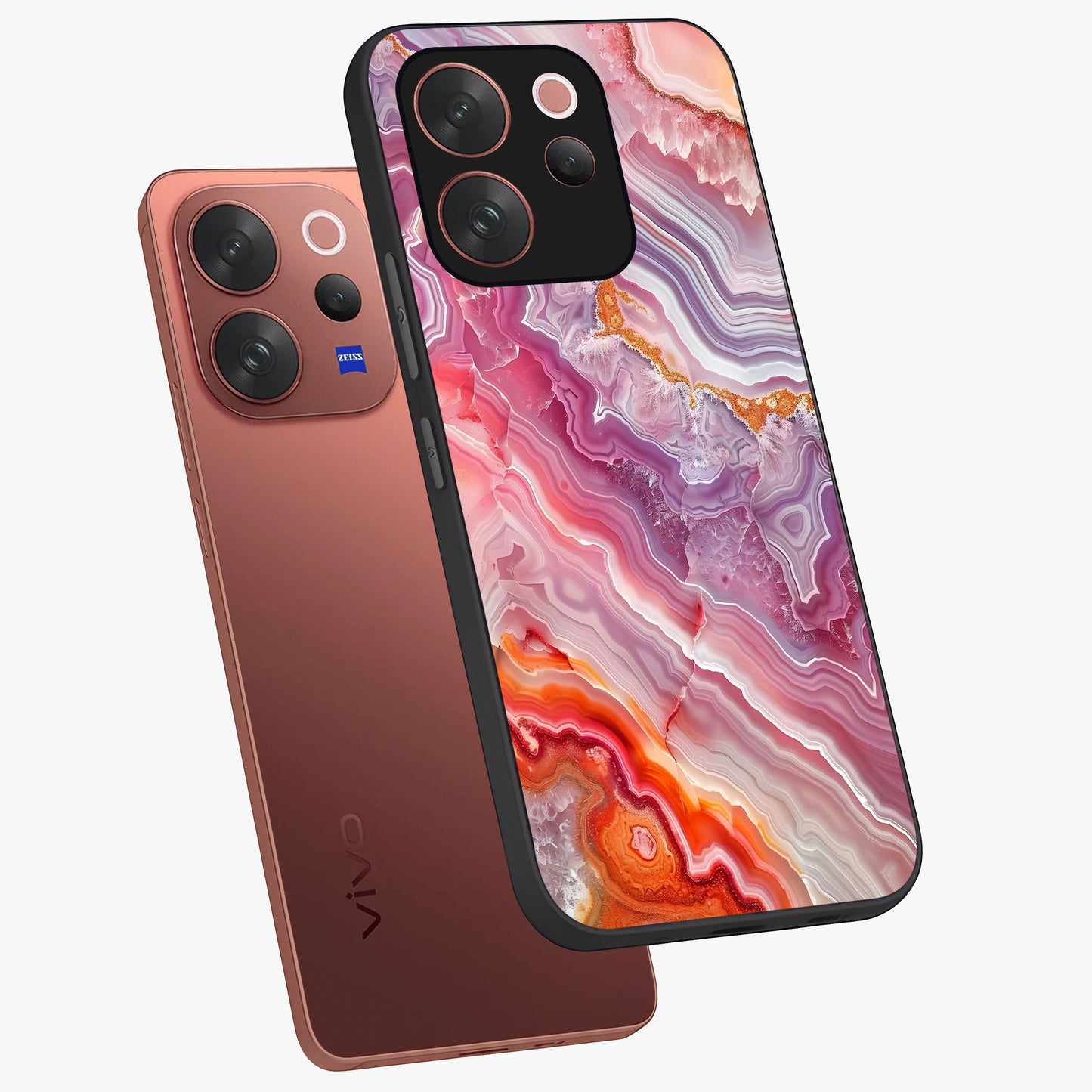 Rose Quartz Marble Glass Case displayed in angled mockup highlighting elegant marble pattern with soft aesthetic style.