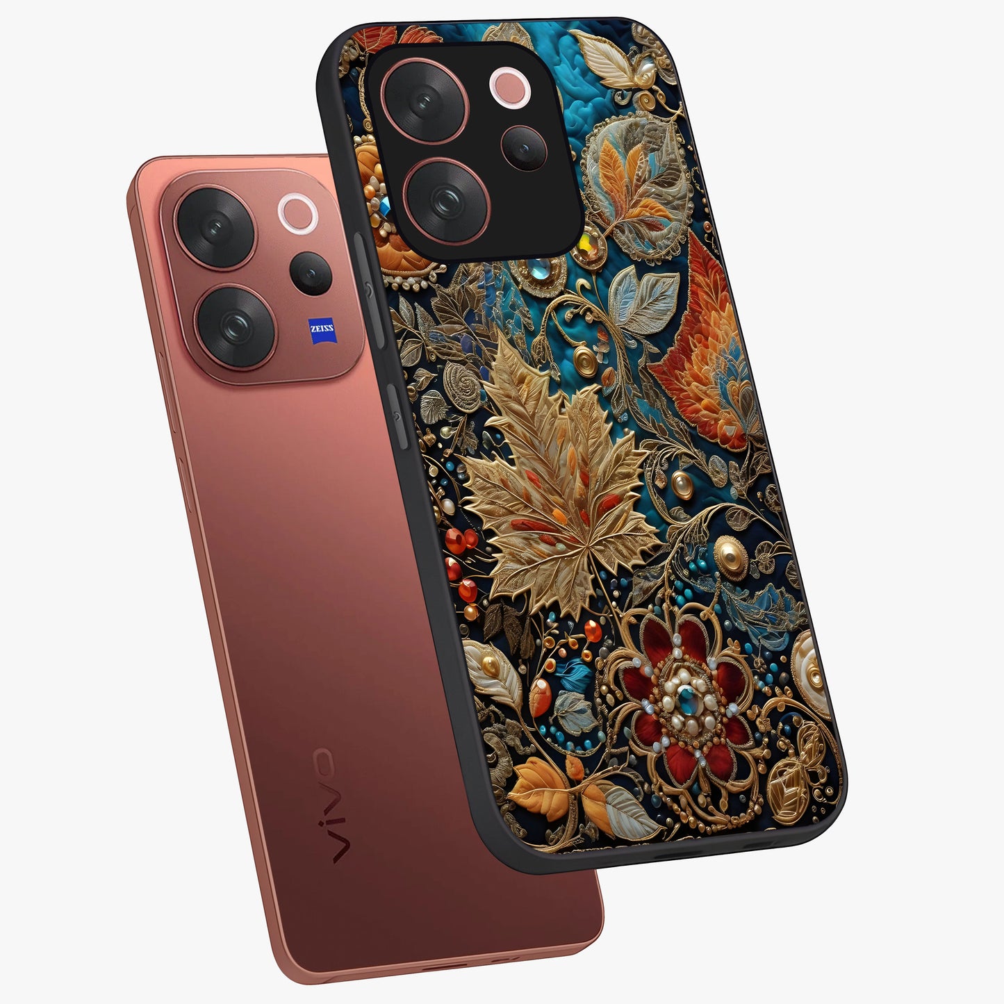 Royal Jewel Garden Glass Case displayed in angled mockup highlighting vibrant jewel inspired floral design with elegant aesthetic.