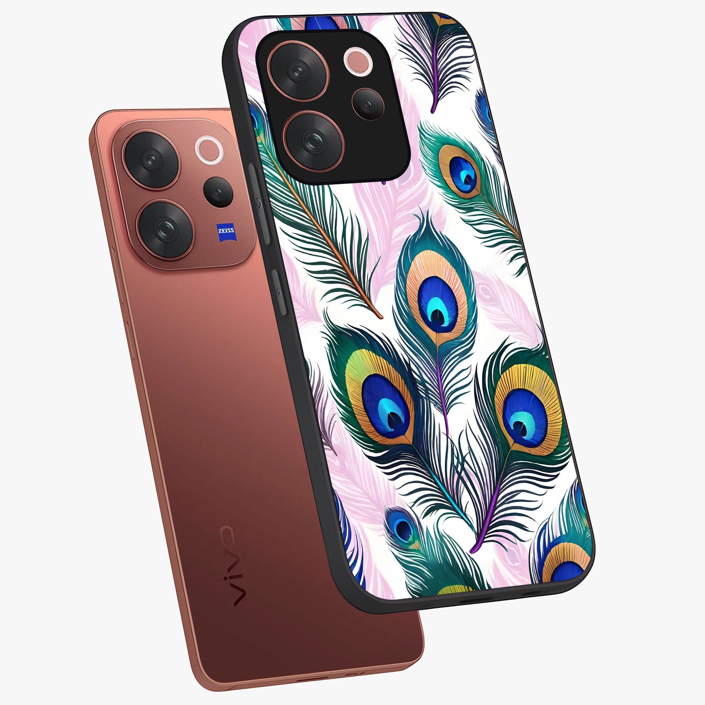 Royal Peacock Feathers Glass Case displayed in angled mockup highlighting vibrant feather pattern with regal aesthetic style.