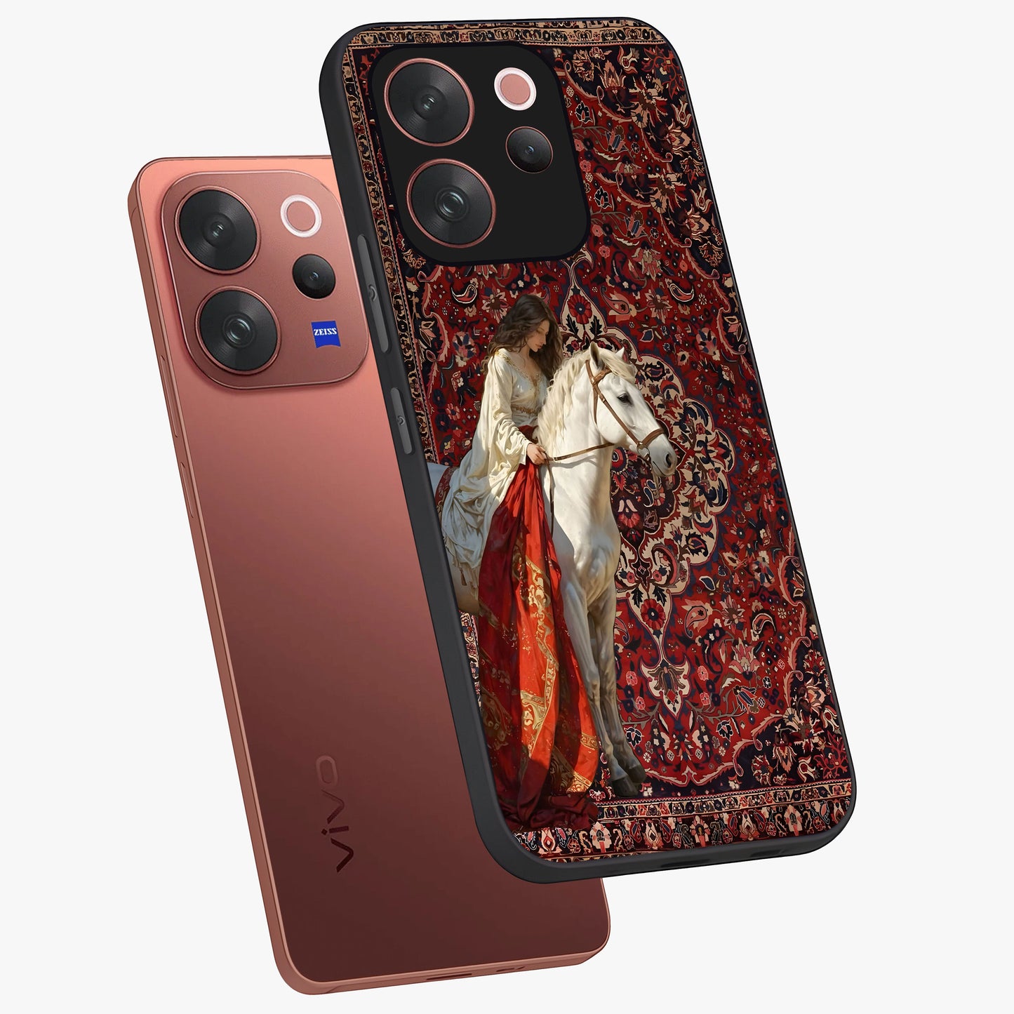 Royal Rider Tapestry Glass Case displayed in angled mockup highlighting traditional tapestry design with royal heritage aesthetic.
