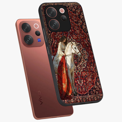 Royal Rider Tapestry Glass Case displayed in angled mockup highlighting traditional tapestry design with royal heritage aesthetic.