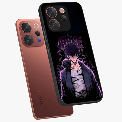 Shadow Monarch Awakening Glass Case displayed in angled mockup highlighting dramatic shadow warrior design with fantasy aesthetic.