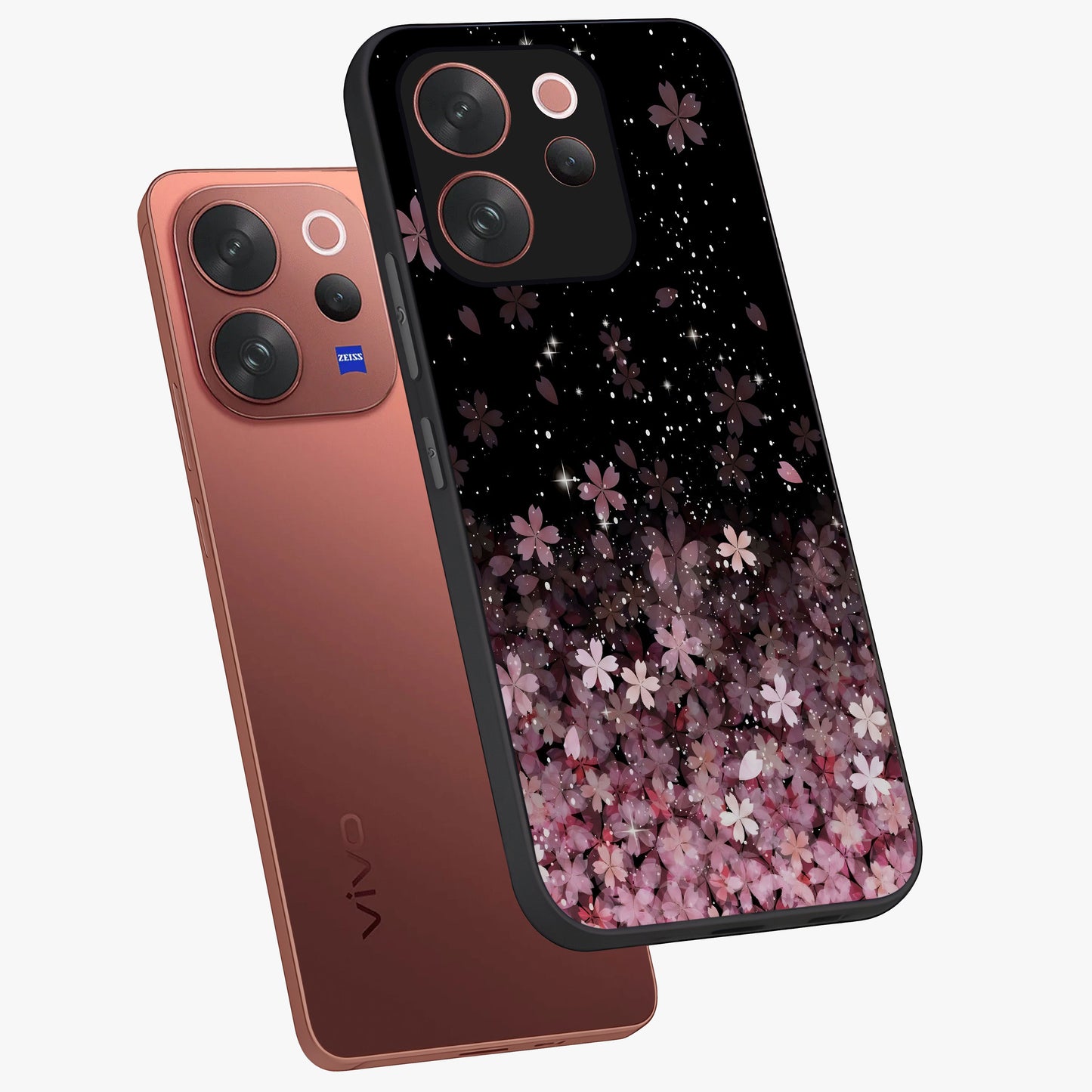 Small Starry Flowers Glass Case displayed in angled mockup highlighting tiny flower pattern with celestial aesthetic style.