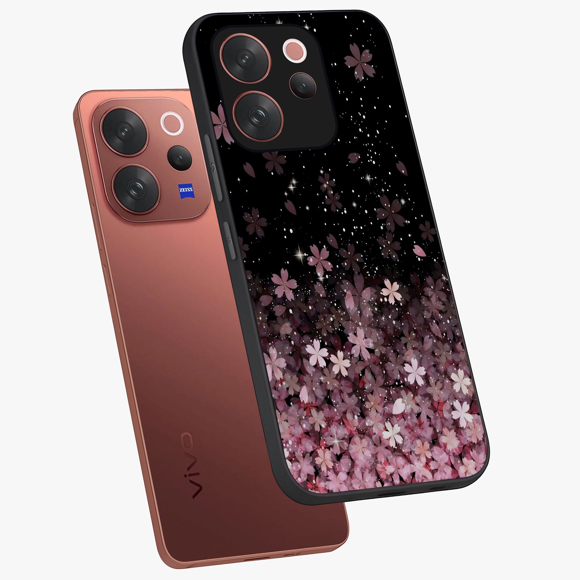 Small Starry Flowers Glass Case displayed in angled mockup highlighting tiny flower pattern with celestial aesthetic style.