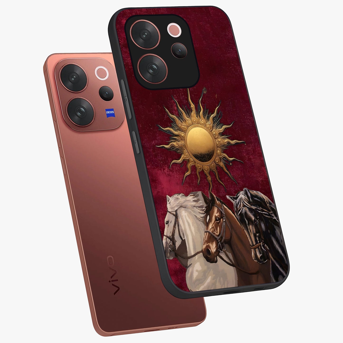 Solar Riders Glass Case displayed in angled mockup highlighting powerful rider illustration with radiant solar aesthetic.