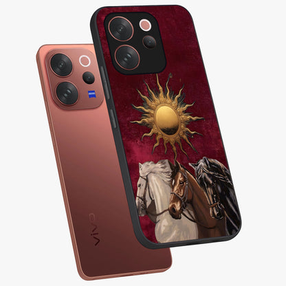 Solar Riders Glass Case displayed in angled mockup highlighting powerful rider illustration with radiant solar aesthetic.