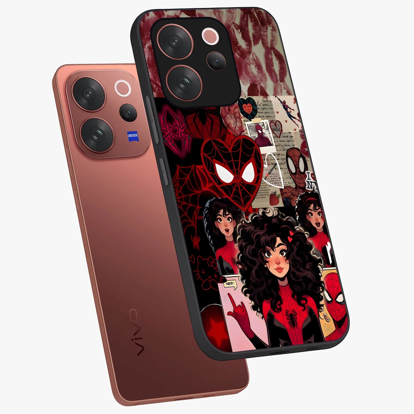 Spider Love Story Glass Case displayed in angled mockup highlighting expressive comic inspired design with playful aesthetic.