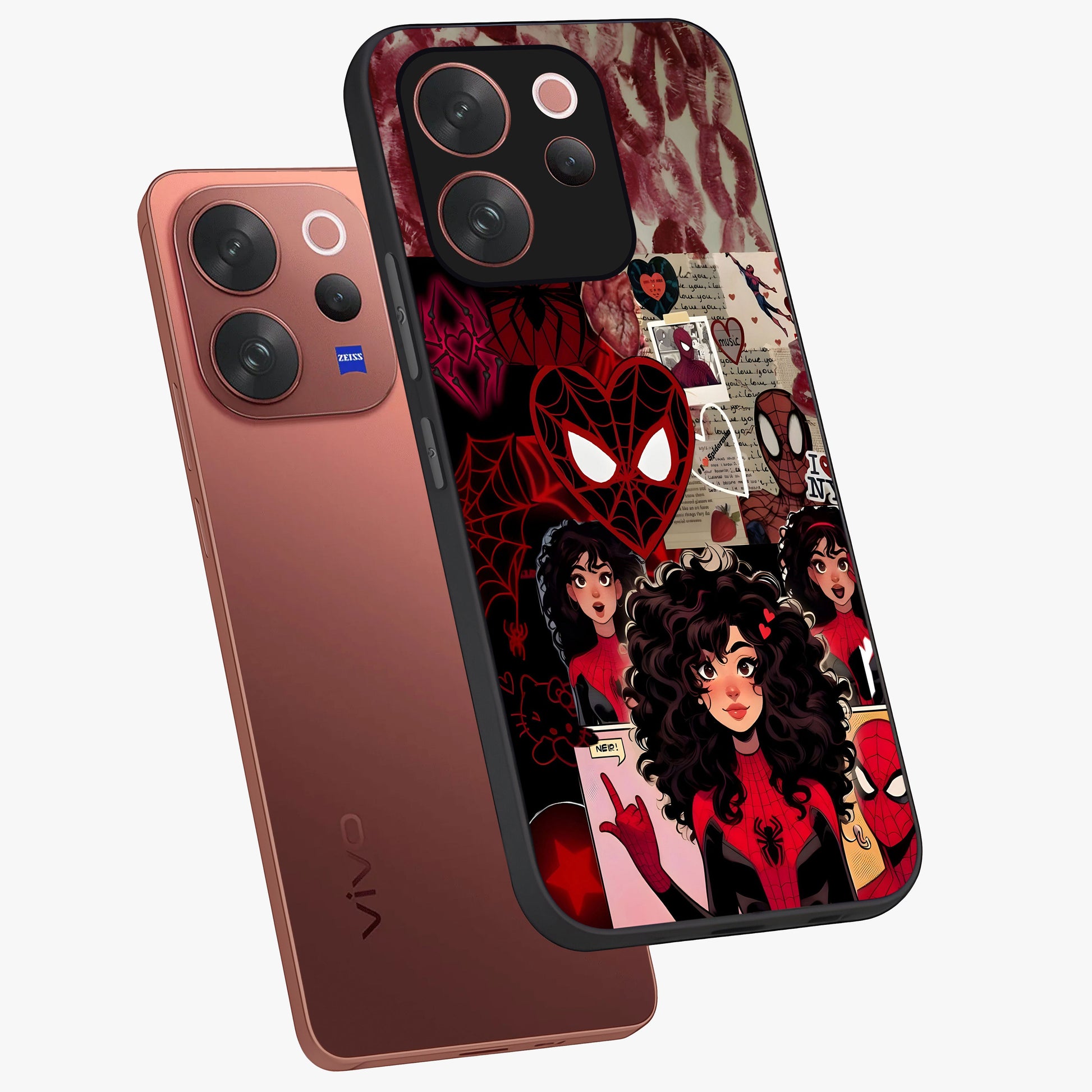 Spider Love Story Glass Case displayed in angled mockup highlighting expressive comic inspired design with playful aesthetic.