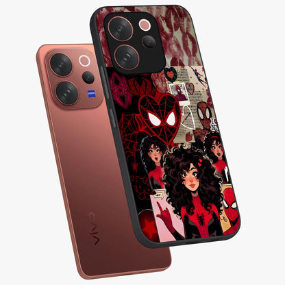 Spider Love Story Glass Case displayed in angled mockup highlighting expressive comic inspired design with playful aesthetic.