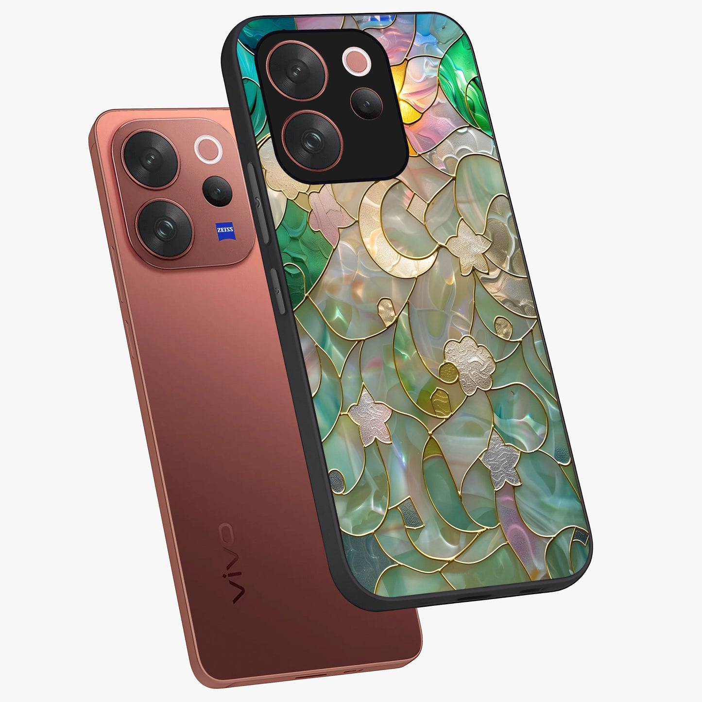 Stained Sunrise Glow Glass Case displayed in angled mockup highlighting radiant sunrise design with artistic aesthetic style.