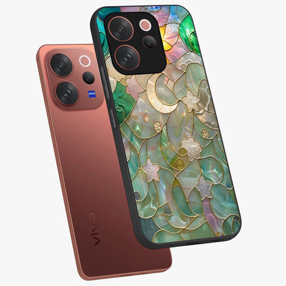 Stained Sunrise Glow Glass Case displayed in angled mockup highlighting radiant sunrise design with artistic aesthetic style.