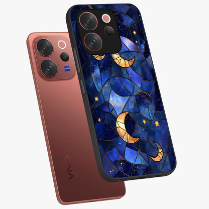 Starlit Sky Tapestry Glass Case displayed in angled mockup highlighting celestial night pattern with artistic aesthetic style.
