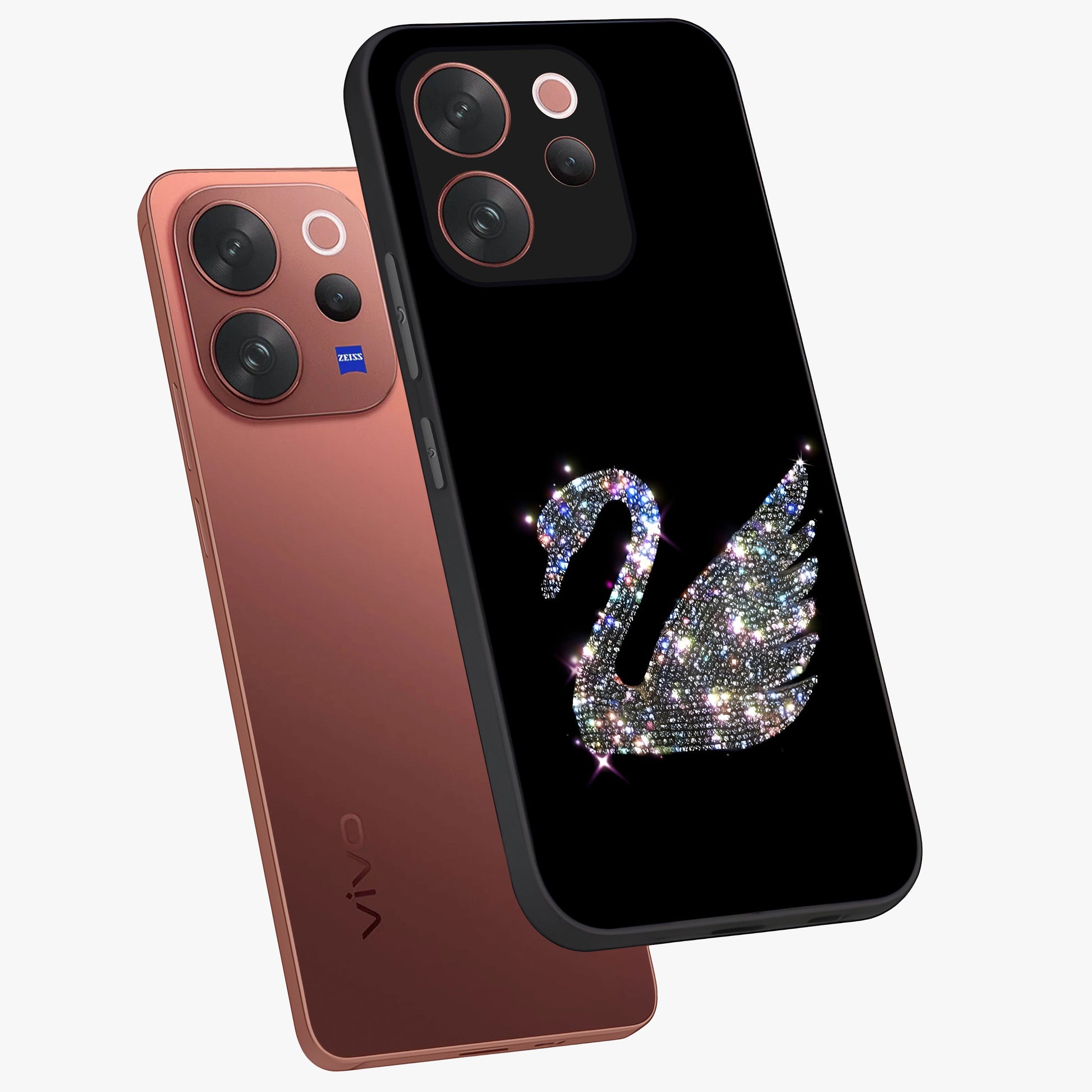 Starlit Swan Grace Glass Case displayed in angled mockup highlighting elegant swan illustration with dreamy celestial aesthetic.