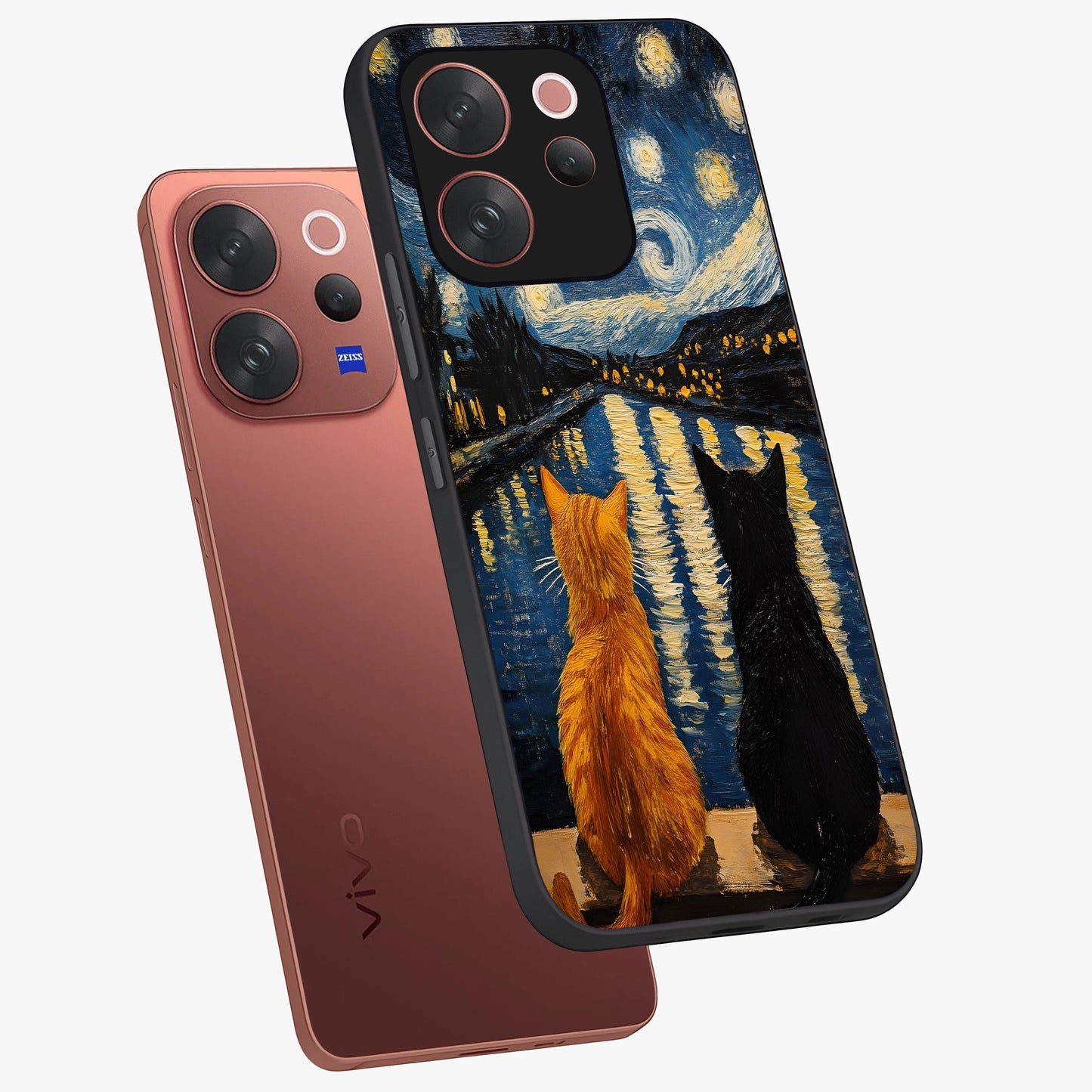 Starry River Cats Glass Case displayed in angled mockup highlighting charming feline illustration with dreamy night aesthetic.
