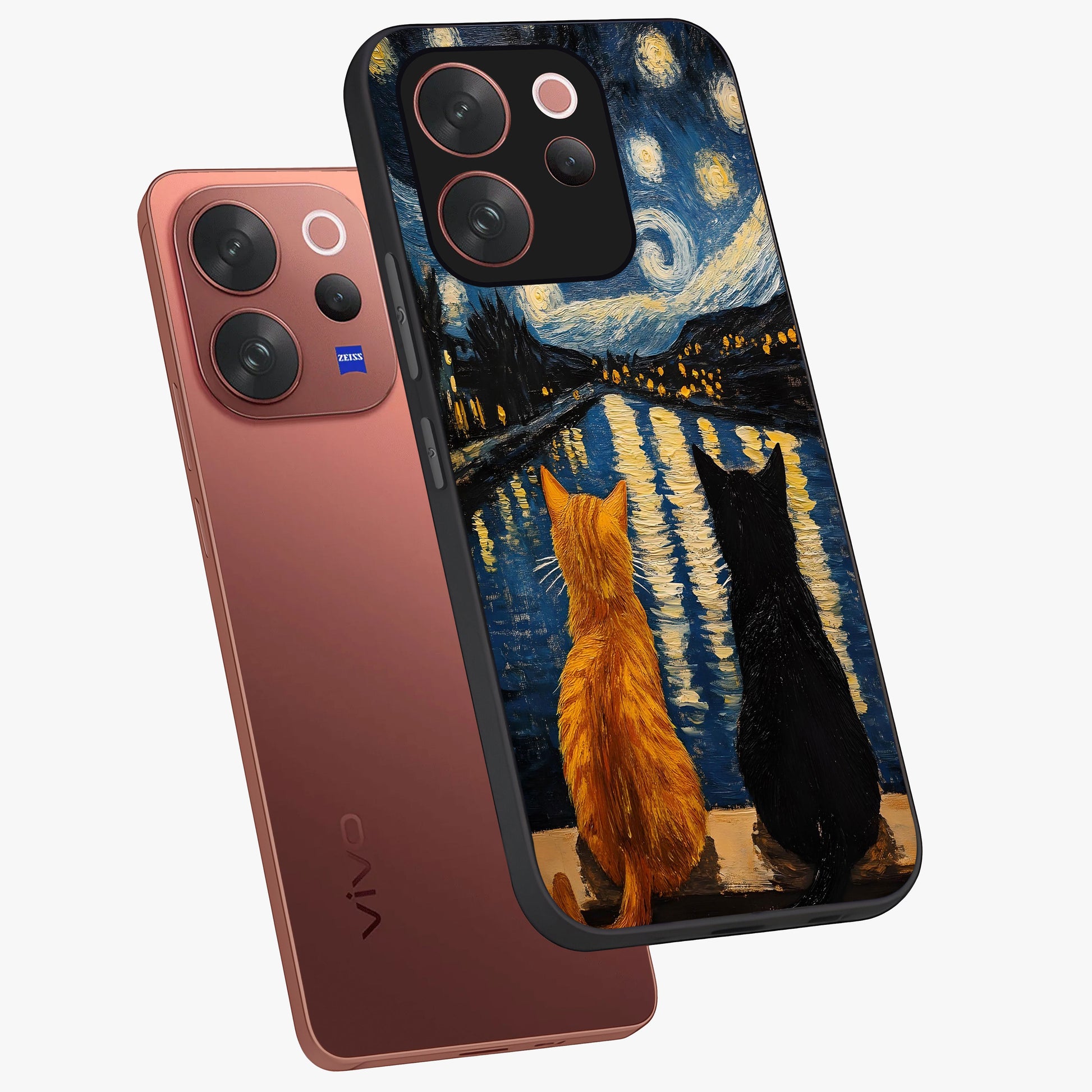 Starry River Cats Glass Case displayed in angled mockup highlighting charming feline illustration with dreamy night aesthetic.