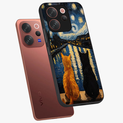 Starry River Cats Glass Case displayed in angled mockup highlighting charming feline illustration with dreamy night aesthetic.