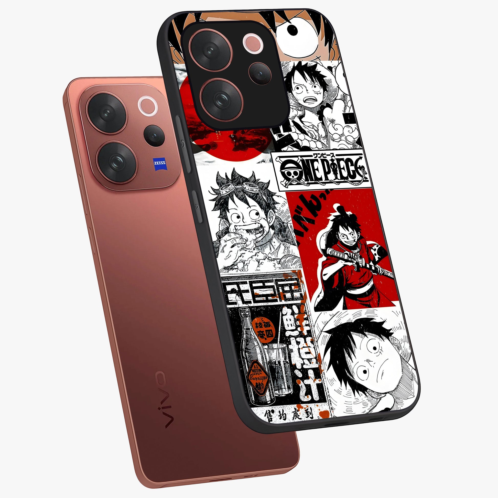 Strawhat Chaos Panels Glass Case displayed in angled mockup highlighting vibrant anime collage design with action aesthetic.