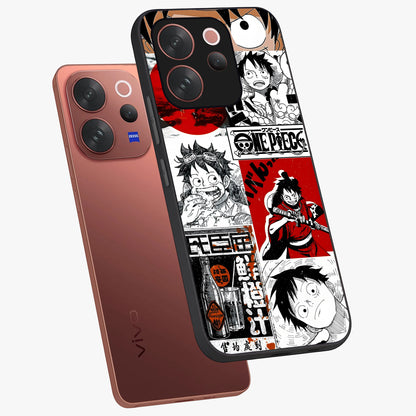 Strawhat Chaos Panels Glass Case displayed in angled mockup highlighting vibrant anime collage design with action aesthetic.