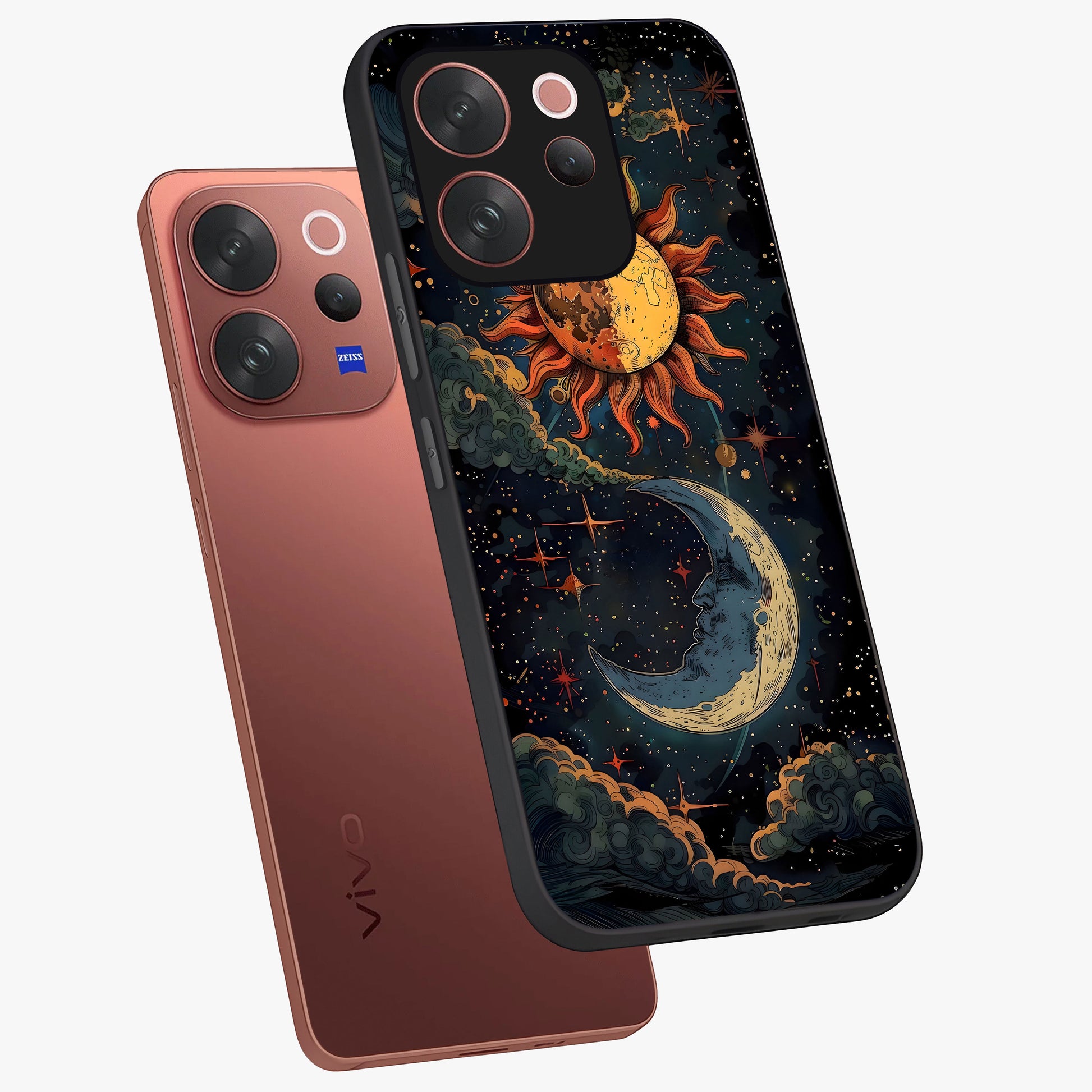 Sun And Moon Magic Design Glass Case displayed in angled mockup highlighting celestial design with magical cosmic aesthetic.