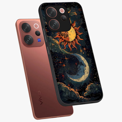 Sun And Moon Magic Design Glass Case displayed in angled mockup highlighting celestial design with magical cosmic aesthetic.