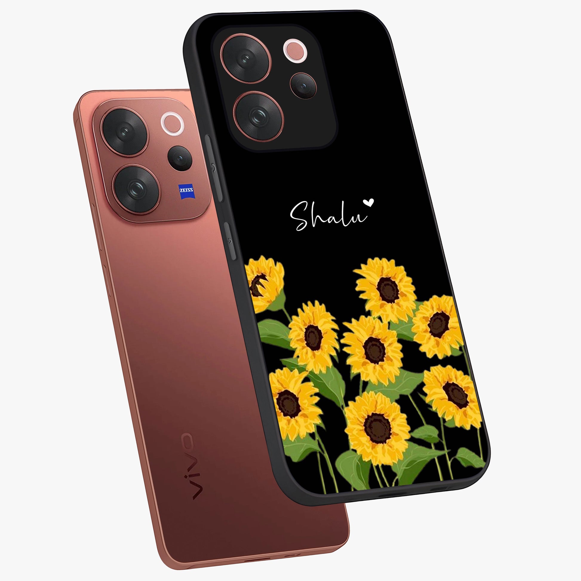 Sunflower Chic Mood Custom Name Glass Case displayed in angled mockup highlighting vibrant sunflower design with custom name feature.