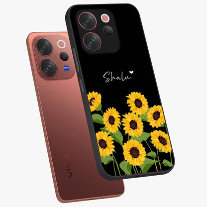 Sunflower Chic Mood Custom Name Glass Case displayed in angled mockup highlighting vibrant sunflower design with custom name feature.