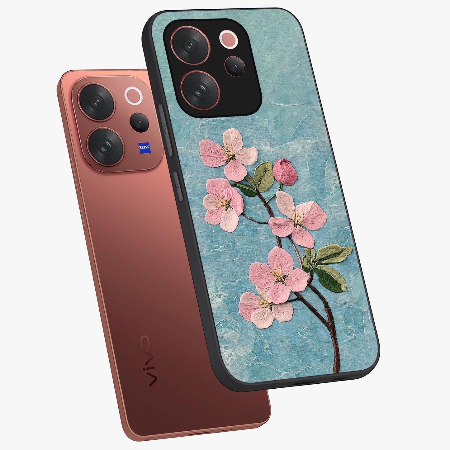 Threaded Blossom Breeze Glass Case displayed in angled mockup highlighting elegant floral design with soft aesthetic style.