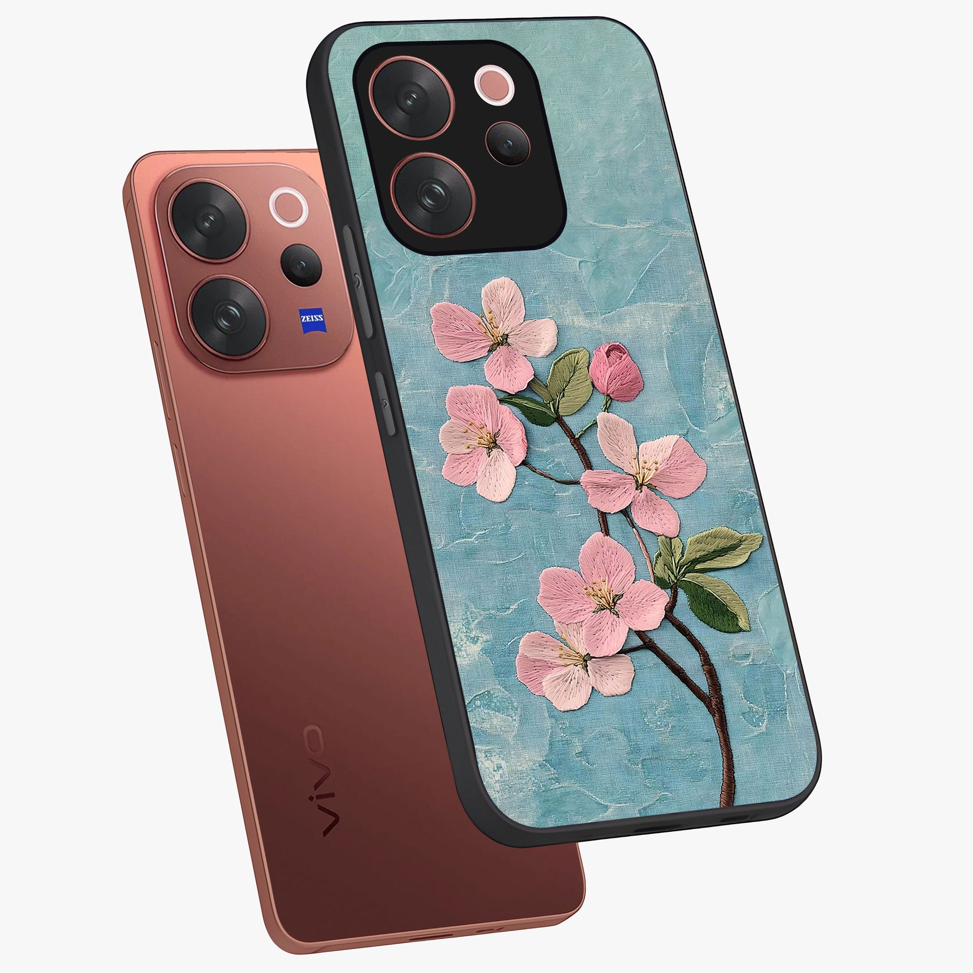 Threaded Blossom Breeze Glass Case displayed in angled mockup highlighting elegant floral design with soft aesthetic style.