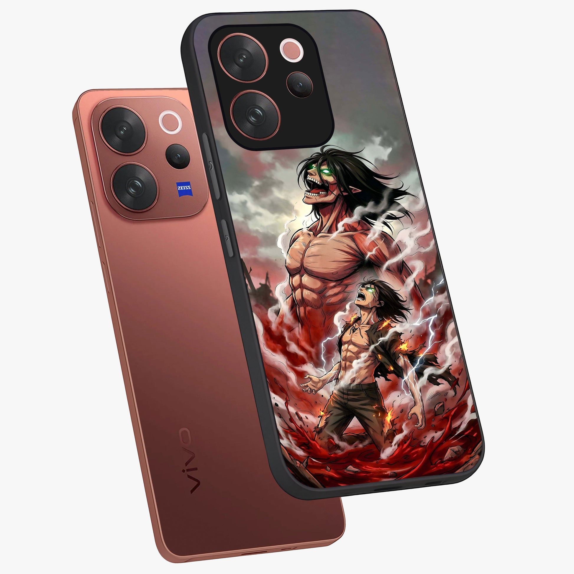 Titan Awakening Fury Glass Case displayed in angled mockup highlighting dramatic giant warrior design with bold anime aesthetic.