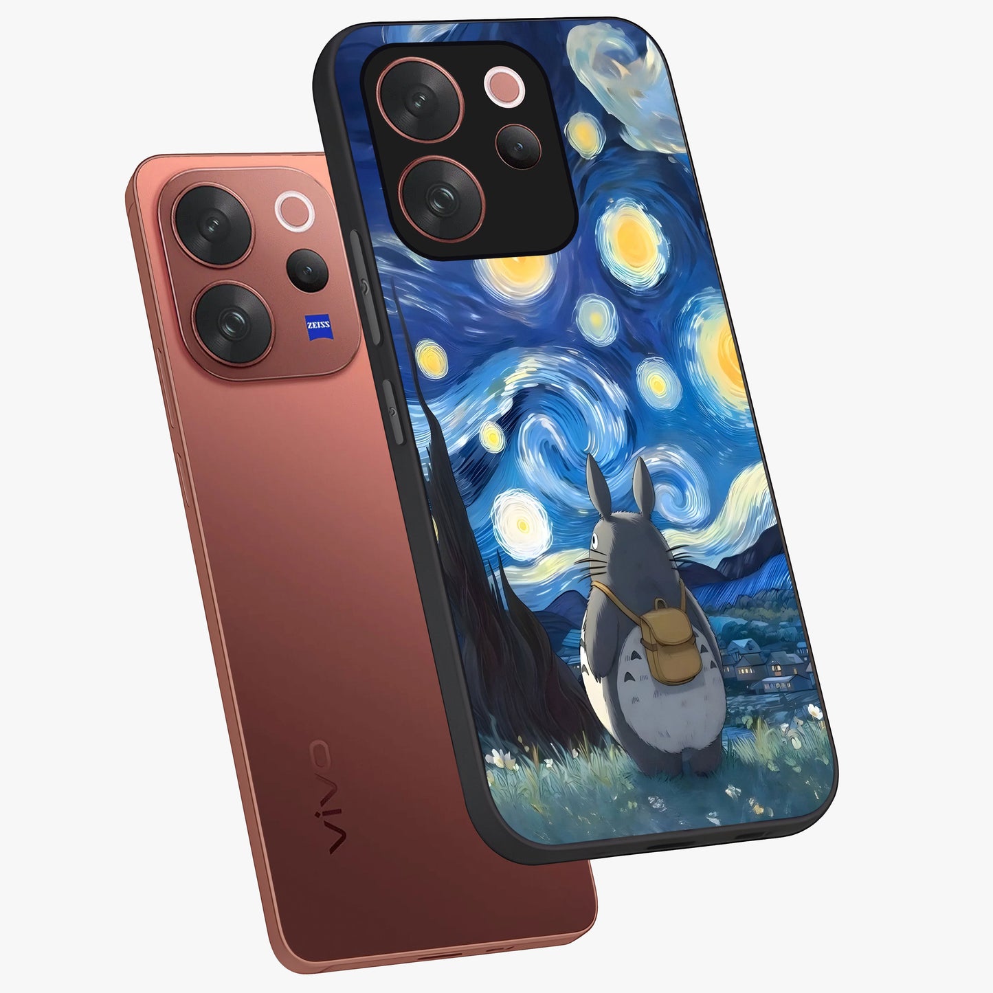 Totoro In Van Gogh Art Glass Case displayed in angled mockup highlighting artistic swirling sky design with playful animation aesthetic.