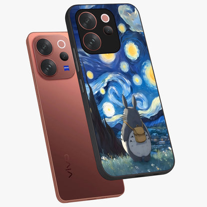 Totoro In Van Gogh Art Glass Case displayed in angled mockup highlighting artistic swirling sky design with playful animation aesthetic.