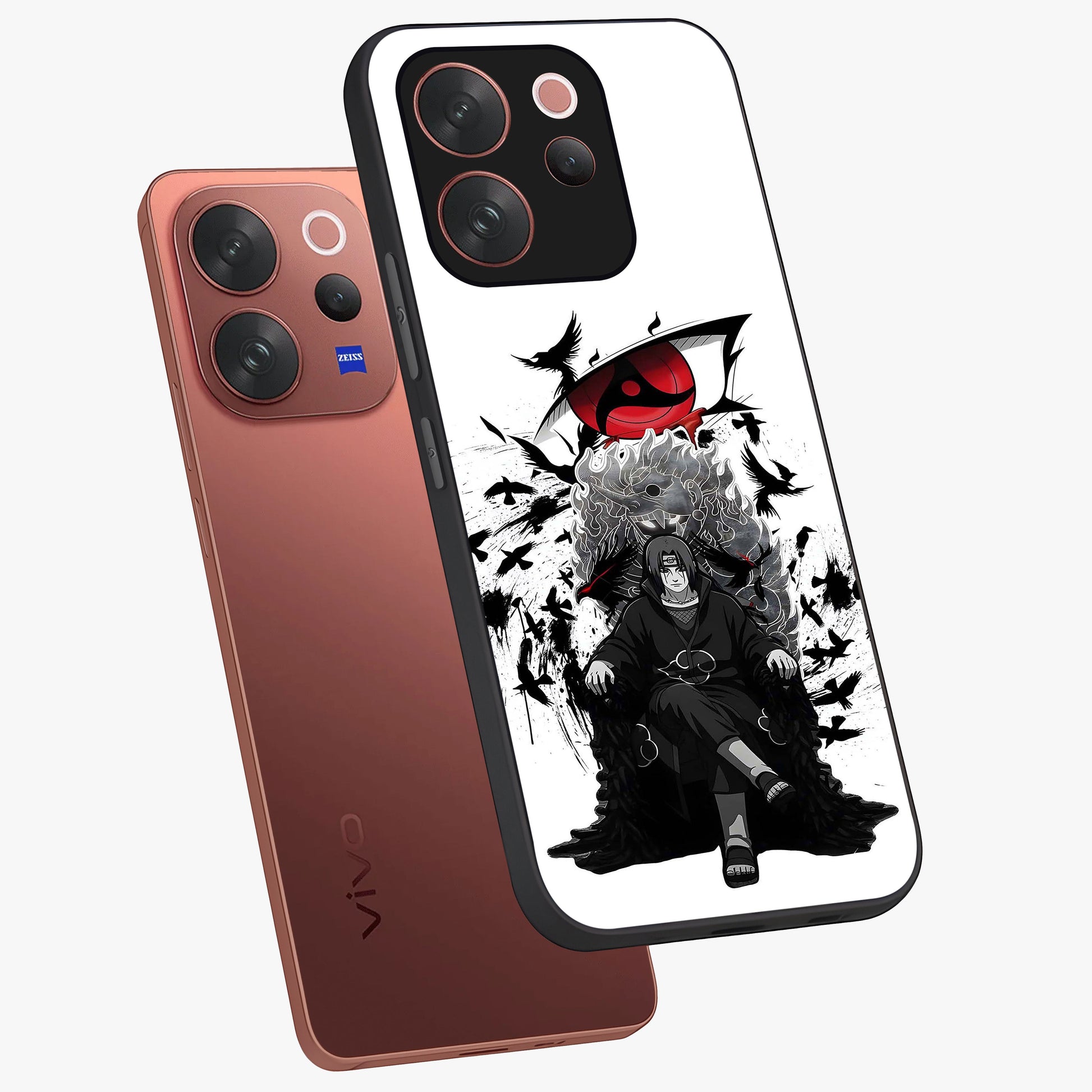 Uchiha Shadow Throne Glass Case displayed in angled mockup highlighting glowing aquatic design with celestial aesthetic.