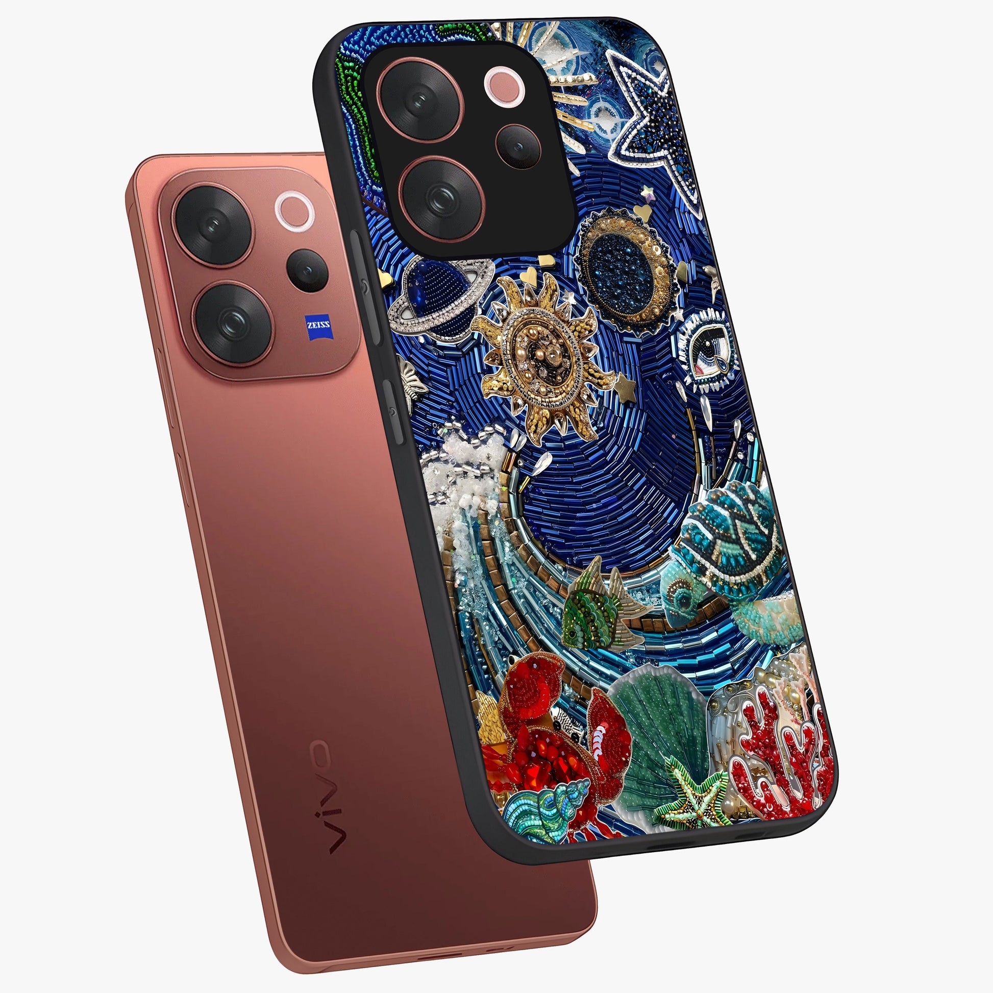 Universe Underwater Spark Glass Case displayed in angled mockup highlighting glowing aquatic design with celestial aesthetic.