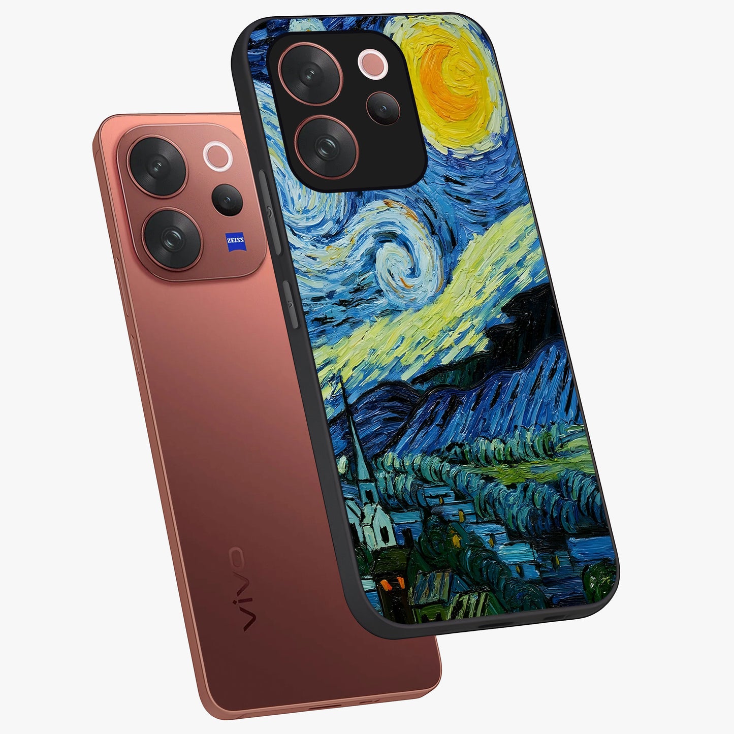 Van Gogh Art Glass Case displayed in angled mockup highlighting swirling brushstroke design with artistic aesthetic.