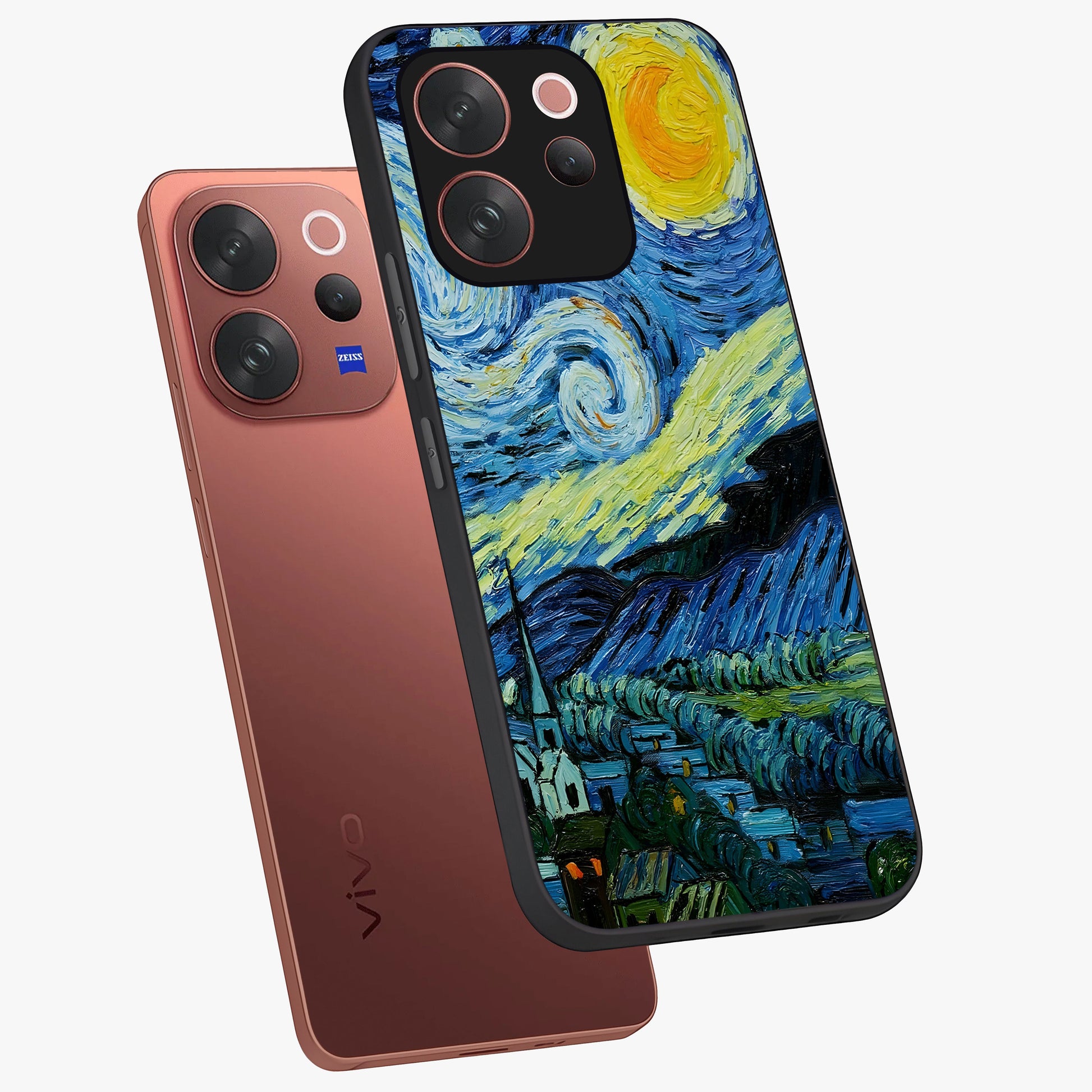 Van Gogh Art Glass Case displayed in angled mockup highlighting swirling brushstroke design with artistic aesthetic.