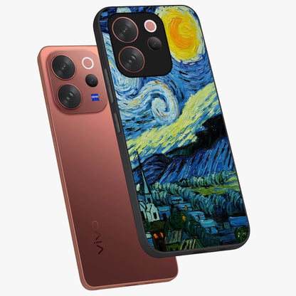 Van Gogh Art Glass Case displayed in angled mockup highlighting swirling brushstroke design with artistic aesthetic.
