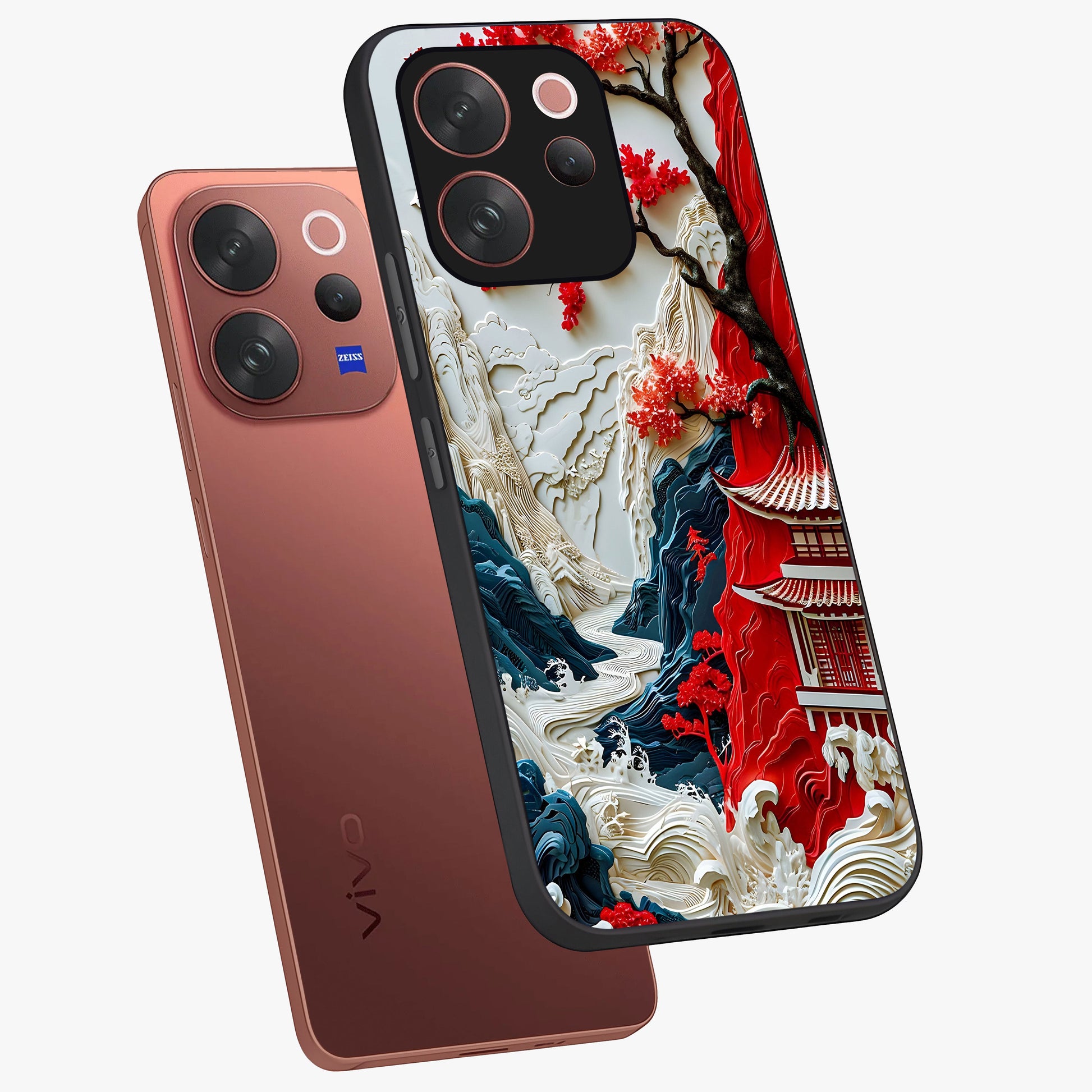 Whispers Of Sakura Waves Glass Case displayed in angled mockup highlighting flowing sakura design with soft floral aesthetic.