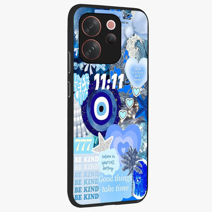 Aesthetic Be Kind Eye Glass Case upright view showcasing stylish eye illustration with positive message theme.