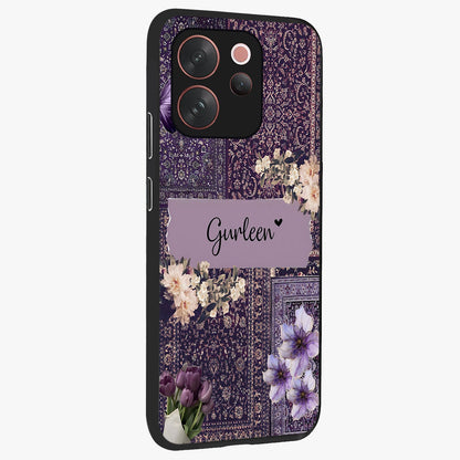 Antique Floral Whisper Custom Name Glass Case upright view showcasing delicate floral artwork with custom name feature.