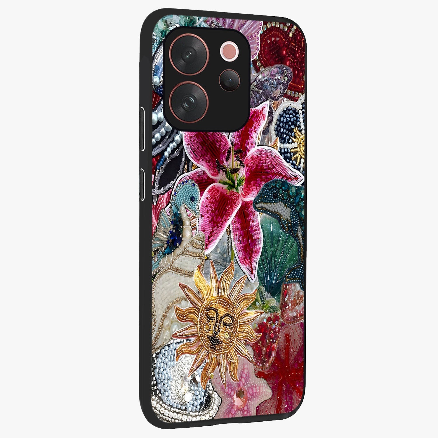 Beaded Garden Fantasy Glass Case upright view showcasing whimsical garden aesthetic with artistic bead details.