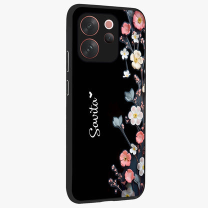 Black Elegance Floral Custom Name Glass Case upright view showcasing luxurious black floral design with personalized name detail.