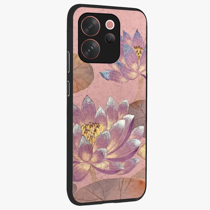 Blossom Mist Lotus Glass Case upright view showcasing graceful lotus flower design with peaceful botanical style.