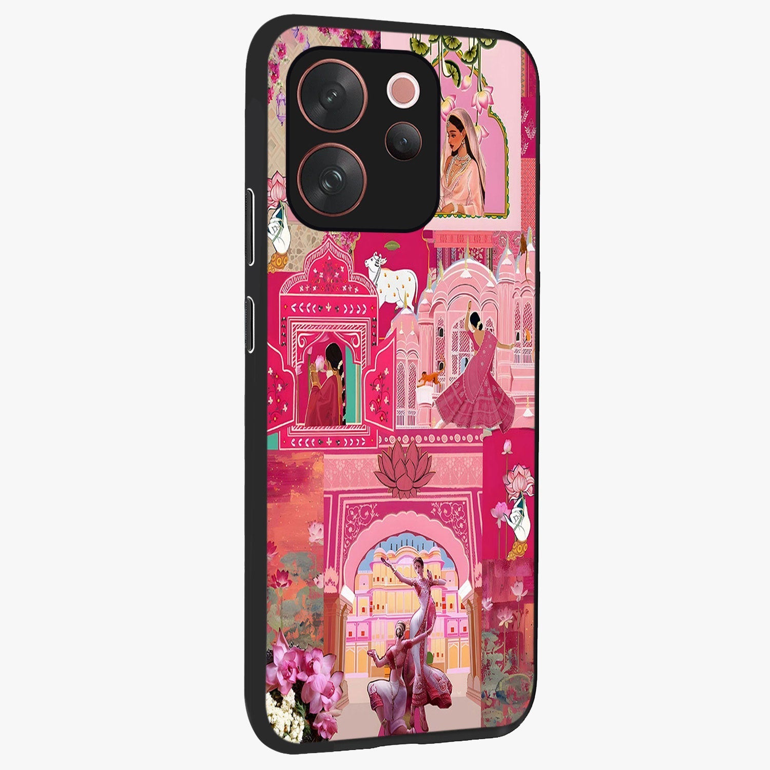 Blossoms of Rajasthan Glass Case upright view showcasing colorful floral design inspired by traditional Indian art.