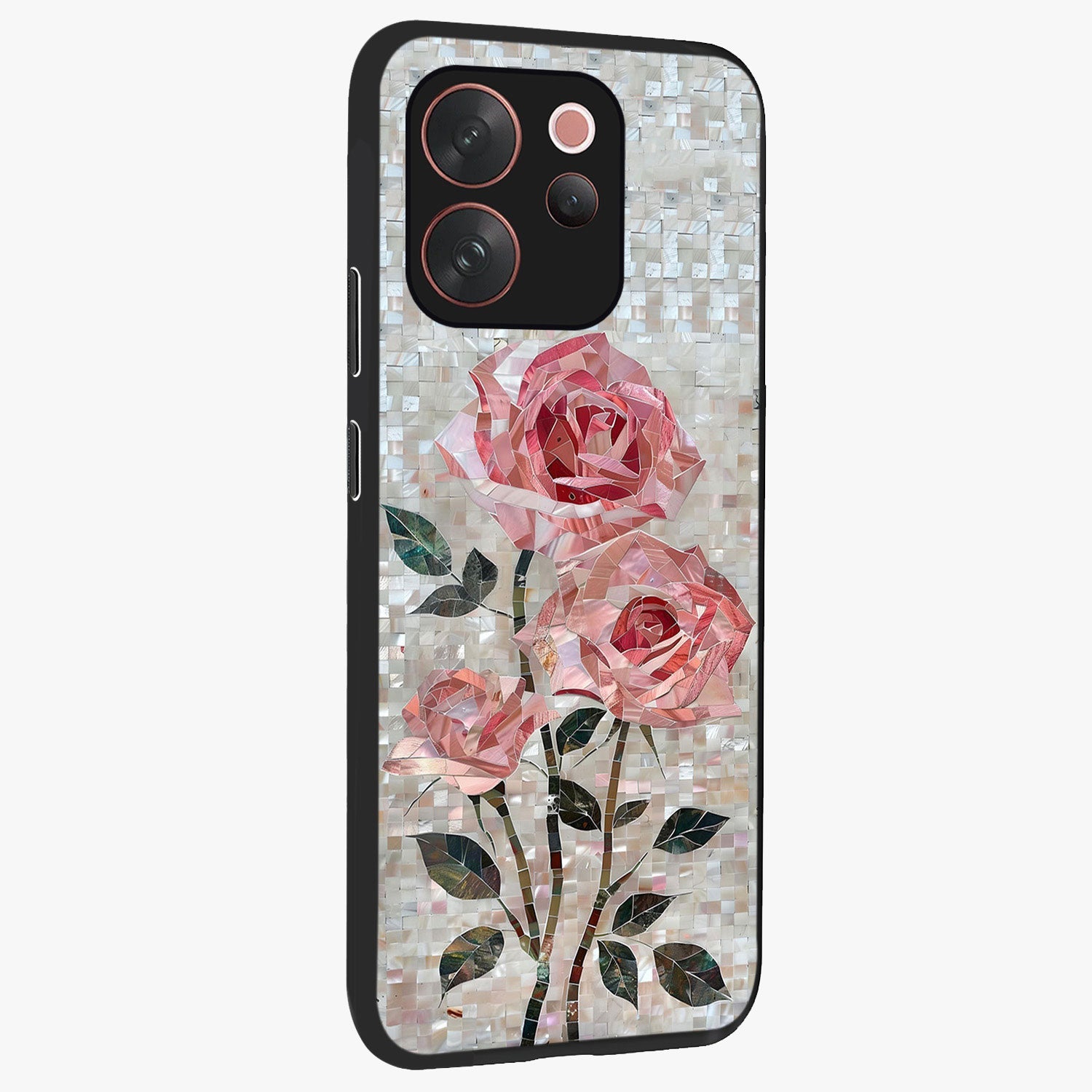 Blush Mosaic Bloom Glass Case upright view showcasing decorative floral mosaic artwork with stylish modern aesthetic.
