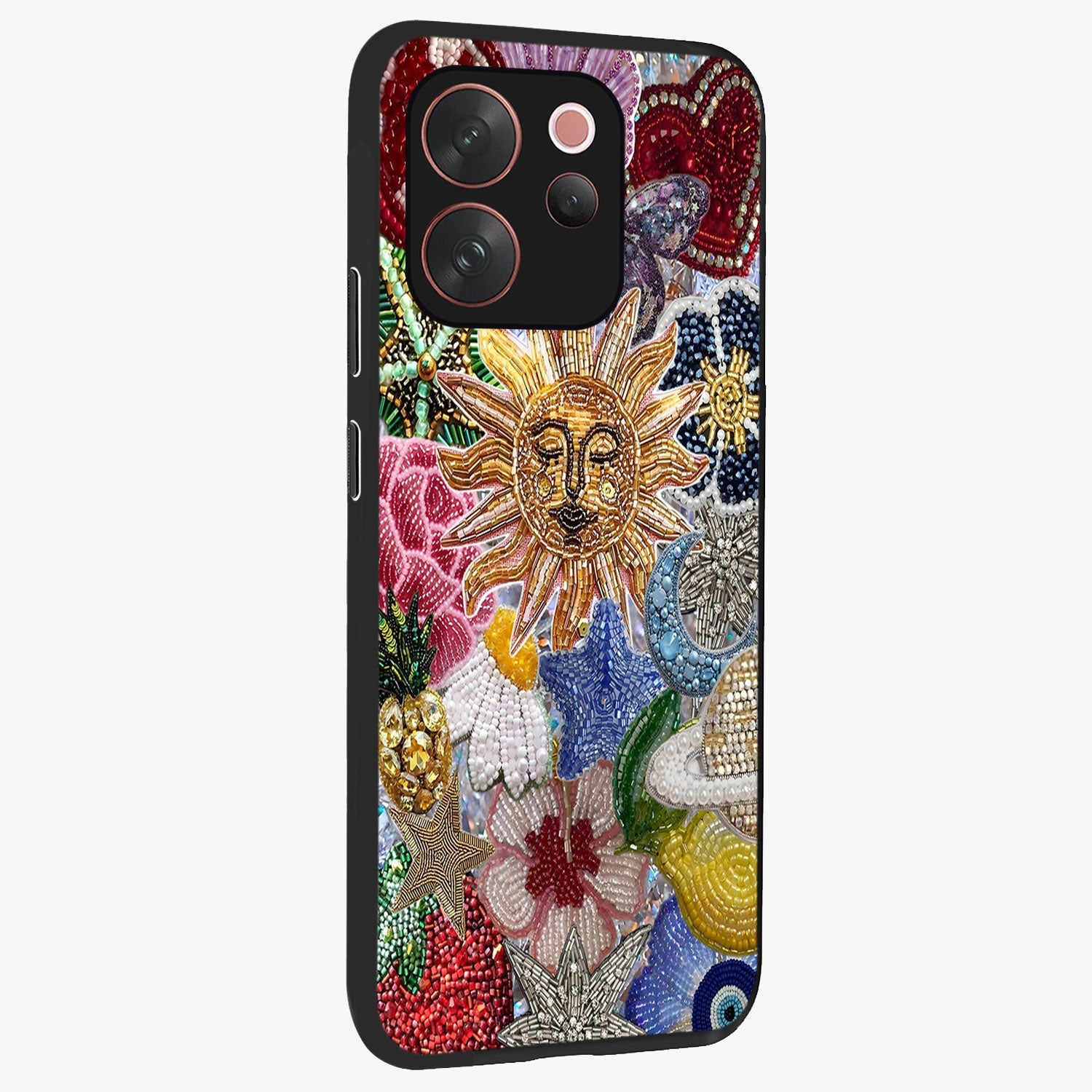 Celestial Floral and Playful Glass Case upright view showcasing whimsical floral artwork with cosmic aesthetic theme.