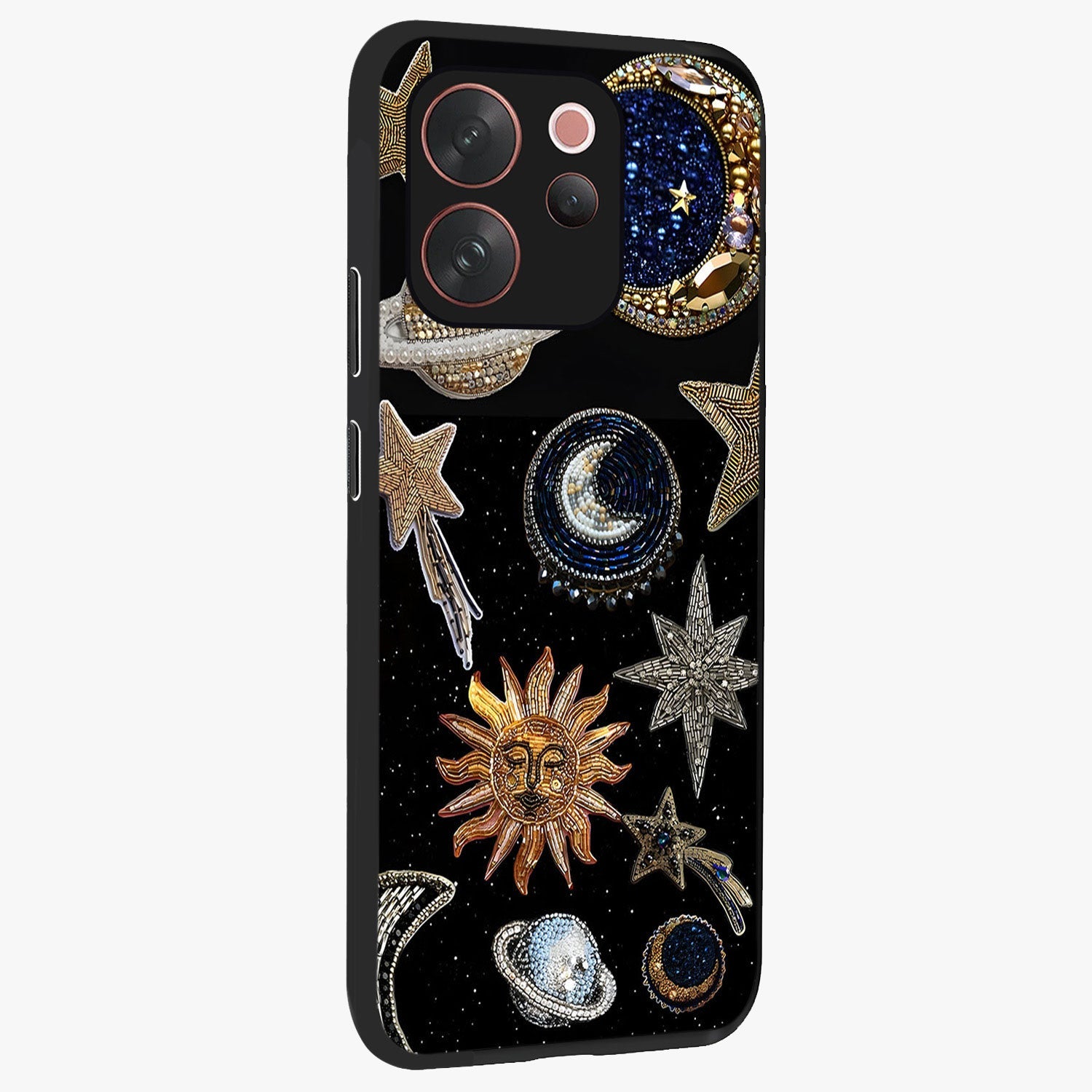 Celestial Gem Constellations Glass Case upright view showcasing cosmic constellation artwork with celestial aesthetic style.
