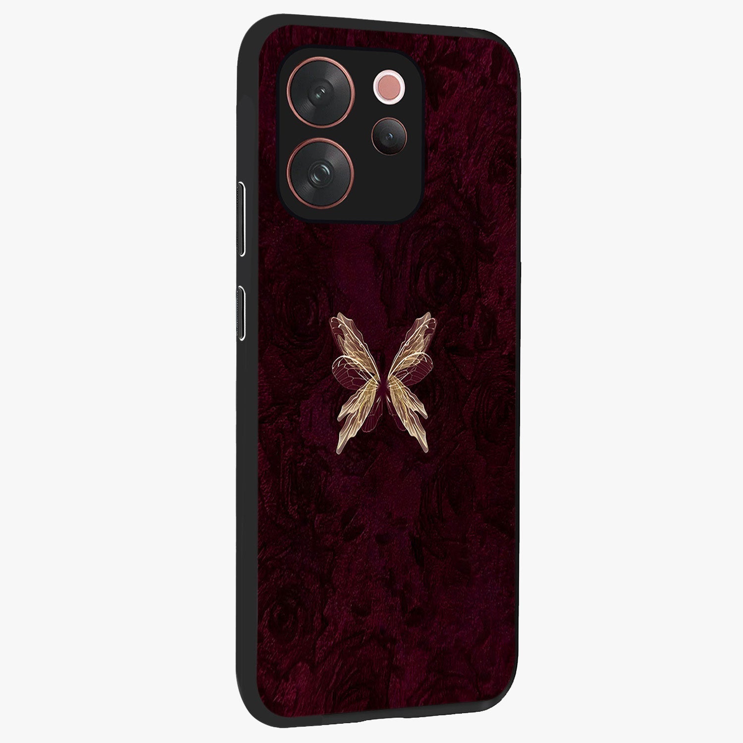 Crimson Fade Butterfly Glass Case upright view showcasing graceful butterfly artwork with soft crimson fade effect.